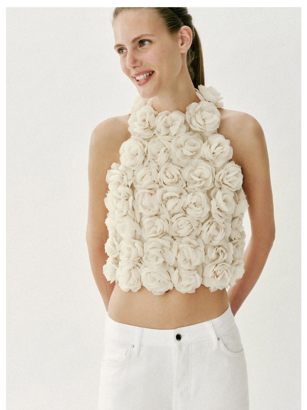 ZARA FLORAL TEXTURED KNIT HALTER TOP
